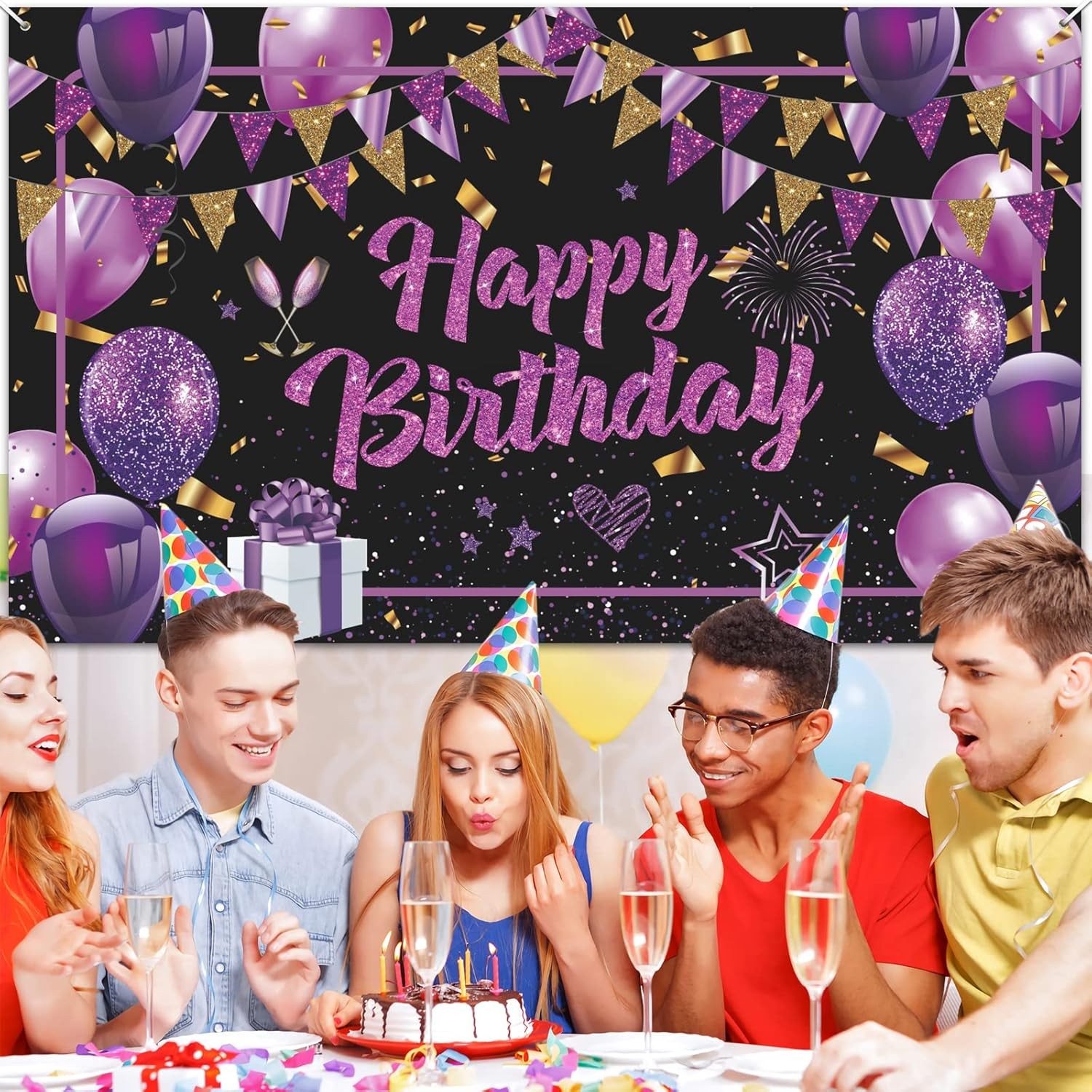Purple Happy Birthday Banner – Black Gold Party Decorations Large,