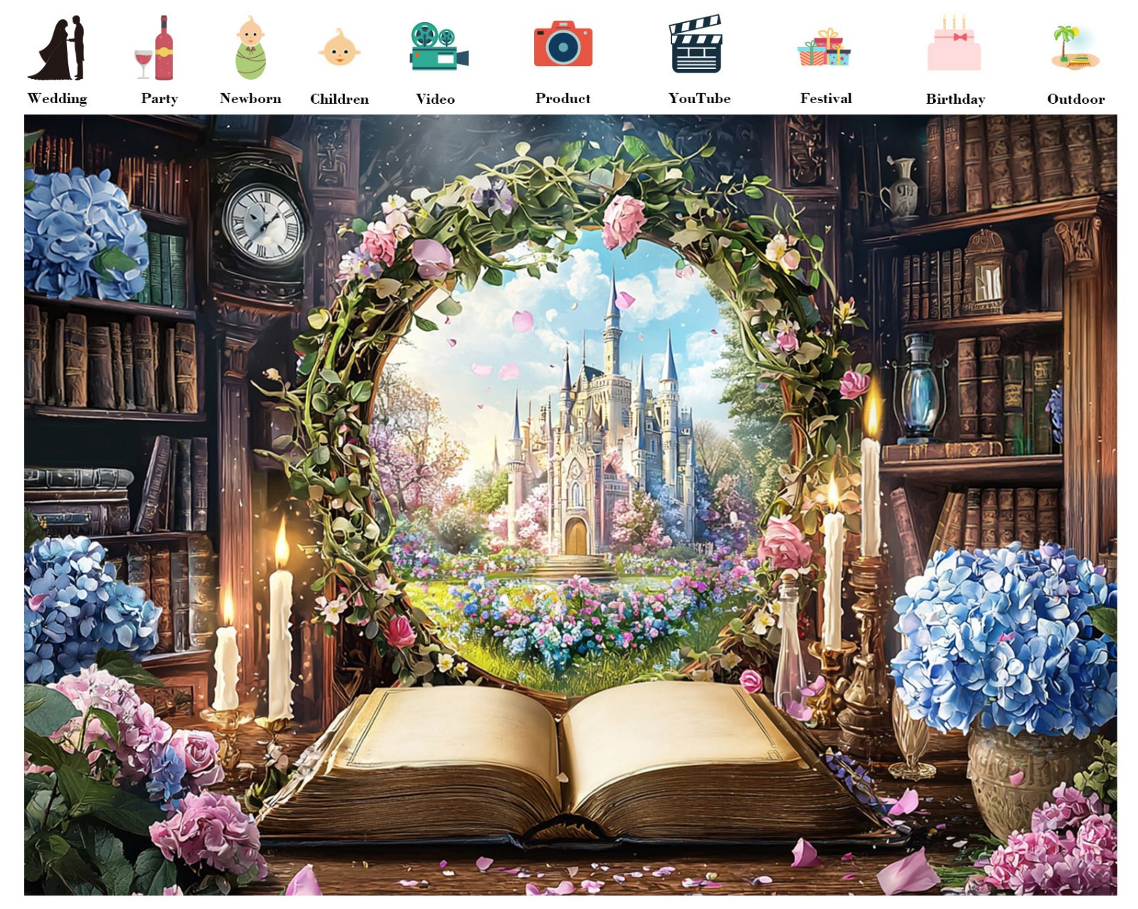 10x8ft Blue Floral Fairy Woodland Library Castle Vinyl Backdrop Photo Background