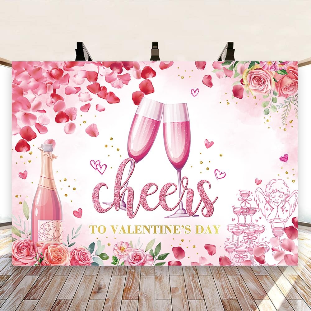 7x5FT 210x150cm Valentines Day Backdrop Pink Flower Love Heart Glitter Dots