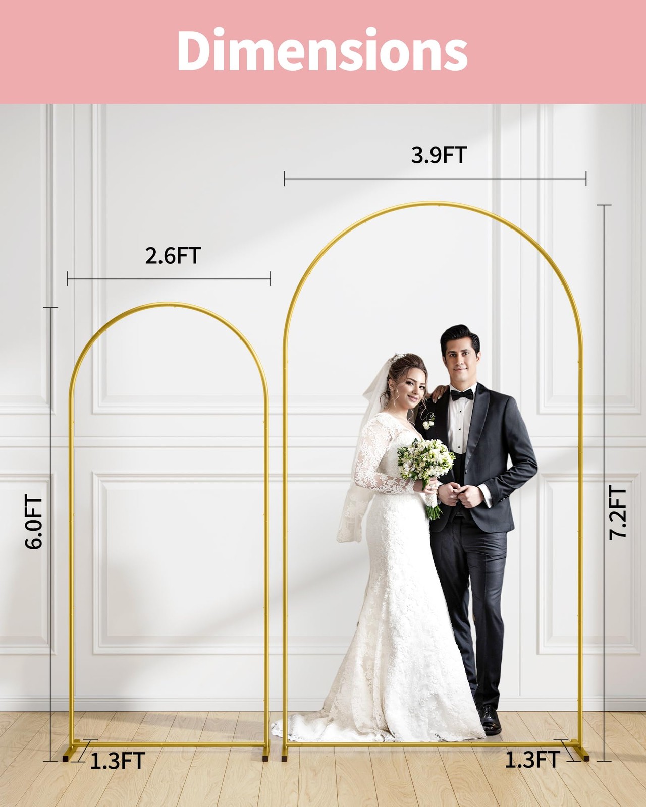Gold Metal Arch Backdrop Stand Set of 3 (7.2ft & 6.0ft & 6.0ft), Wedding Ball…