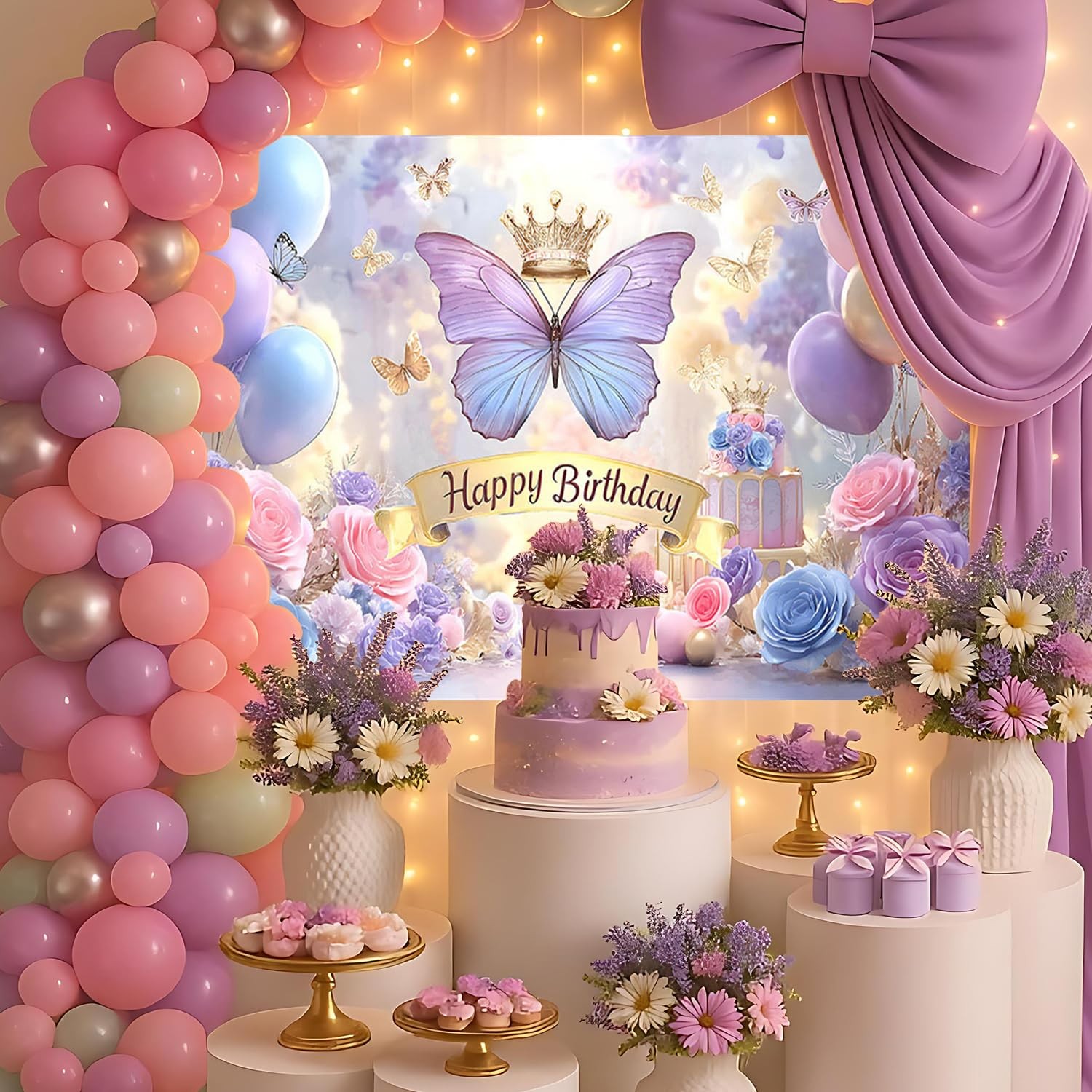 Butterfly Birthday Decorations Backdrop for Women Purple Happy Birthday Banner..