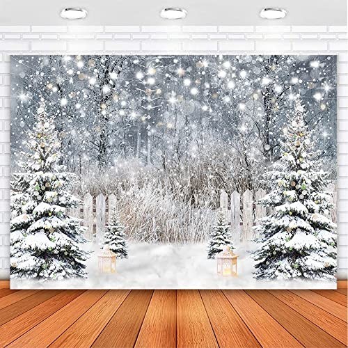Snowy Forest Pine Tree 8×6 ft Winter Photography Backdrop with Glitter