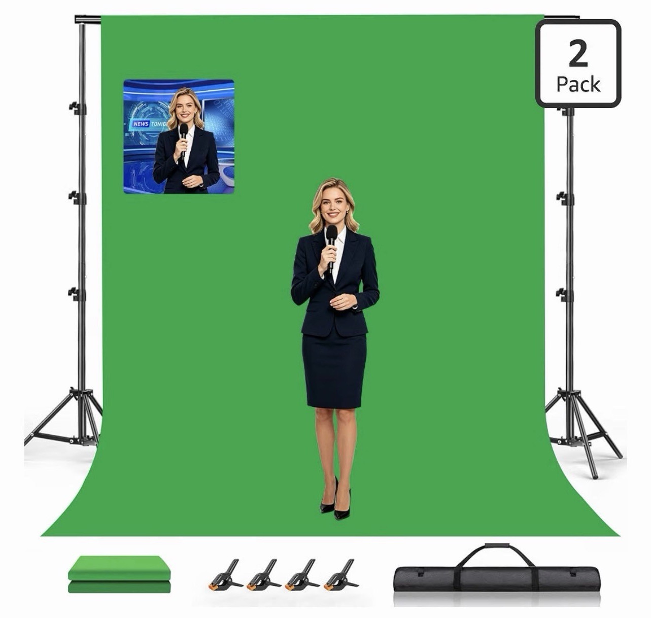 Green Screen Chromakey Plain Backdrop Kit 10×12 ft 2 Pack w/ Stand & Bag