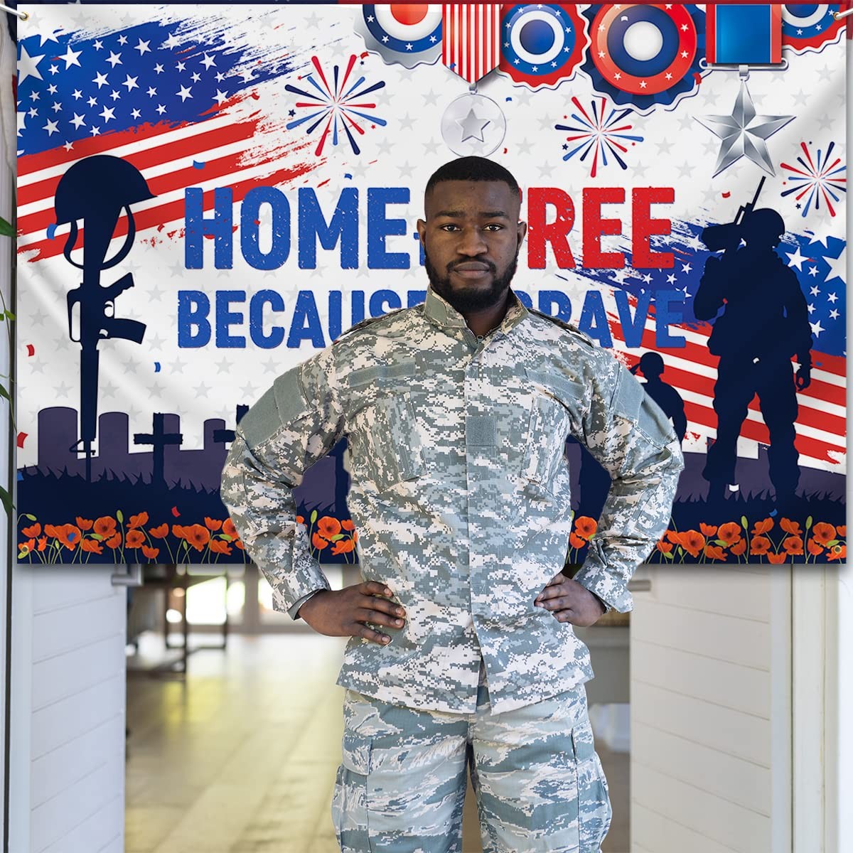 Patriotic Soldier Backdrop,4th of July Home of The Free Photo Background Banner.