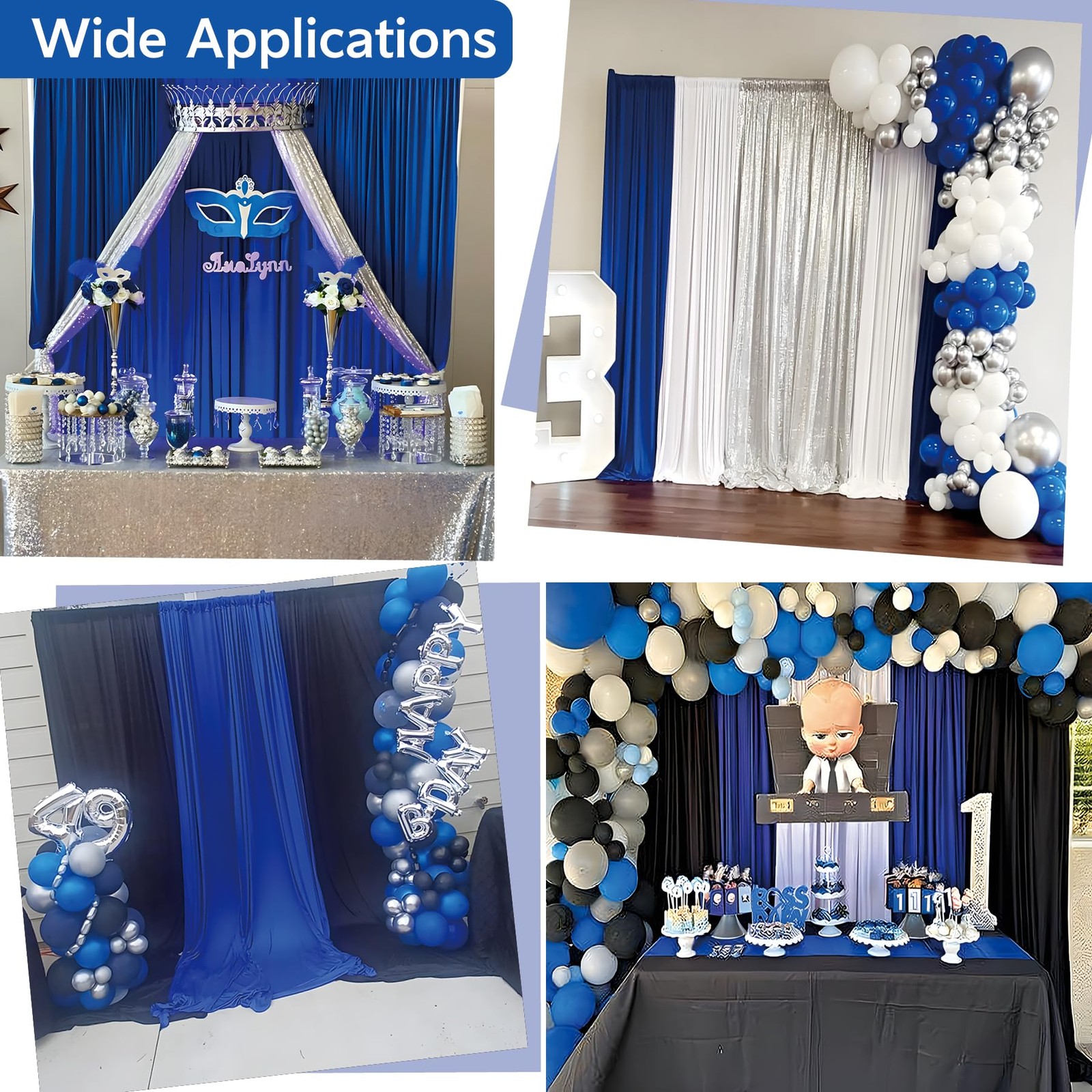 20ft×10ft Wrinkle Free Royal Blue Backdrop Curtain for Parties, 4 Panels 5×10…