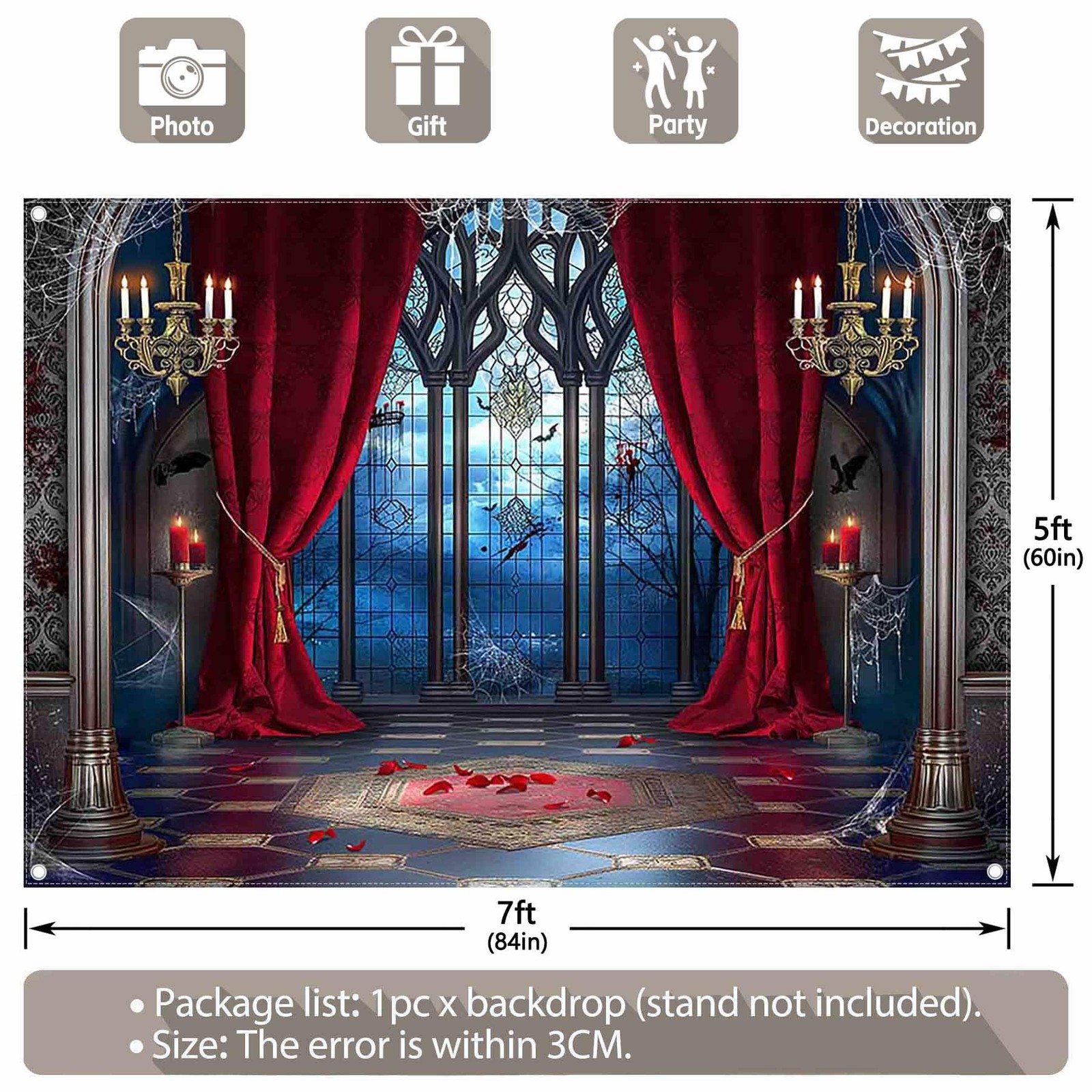 7x5ft Fabric Halloween Vampire Medieval Castle Backdrop Gothic Window Red Cur…