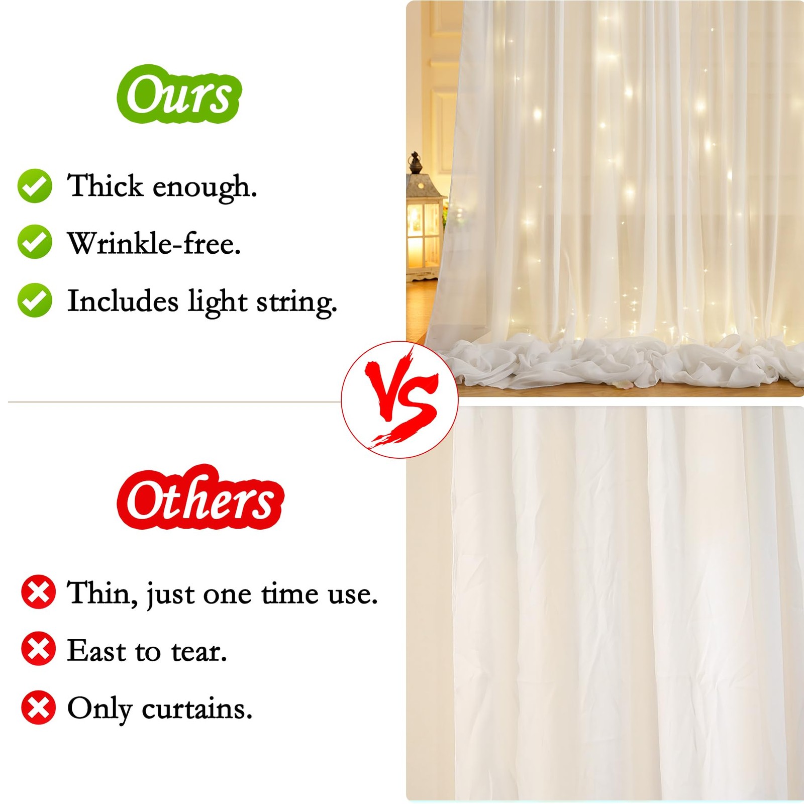 10x7FT Cream White Chiffon Wrinkle Free Backdrop Curtain String Lights Wedding