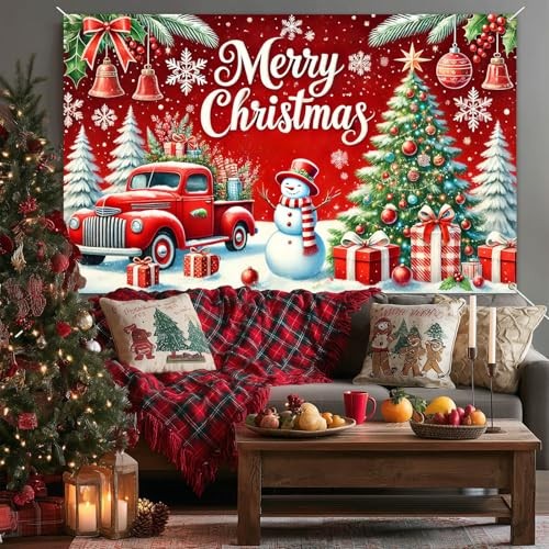Red Truck Backdrop with Snowman 71×43 Inch Merry Christmas Banner
