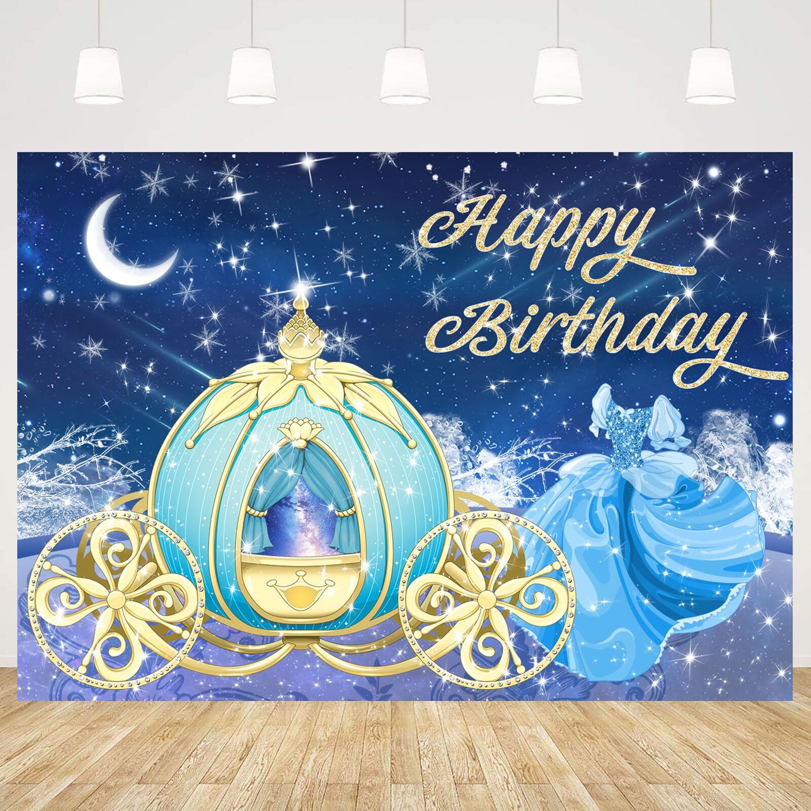 Dreamy Blue Happy Birthday Backdrop Princess Fairy Tale Glitter Gold Pumpkin Car