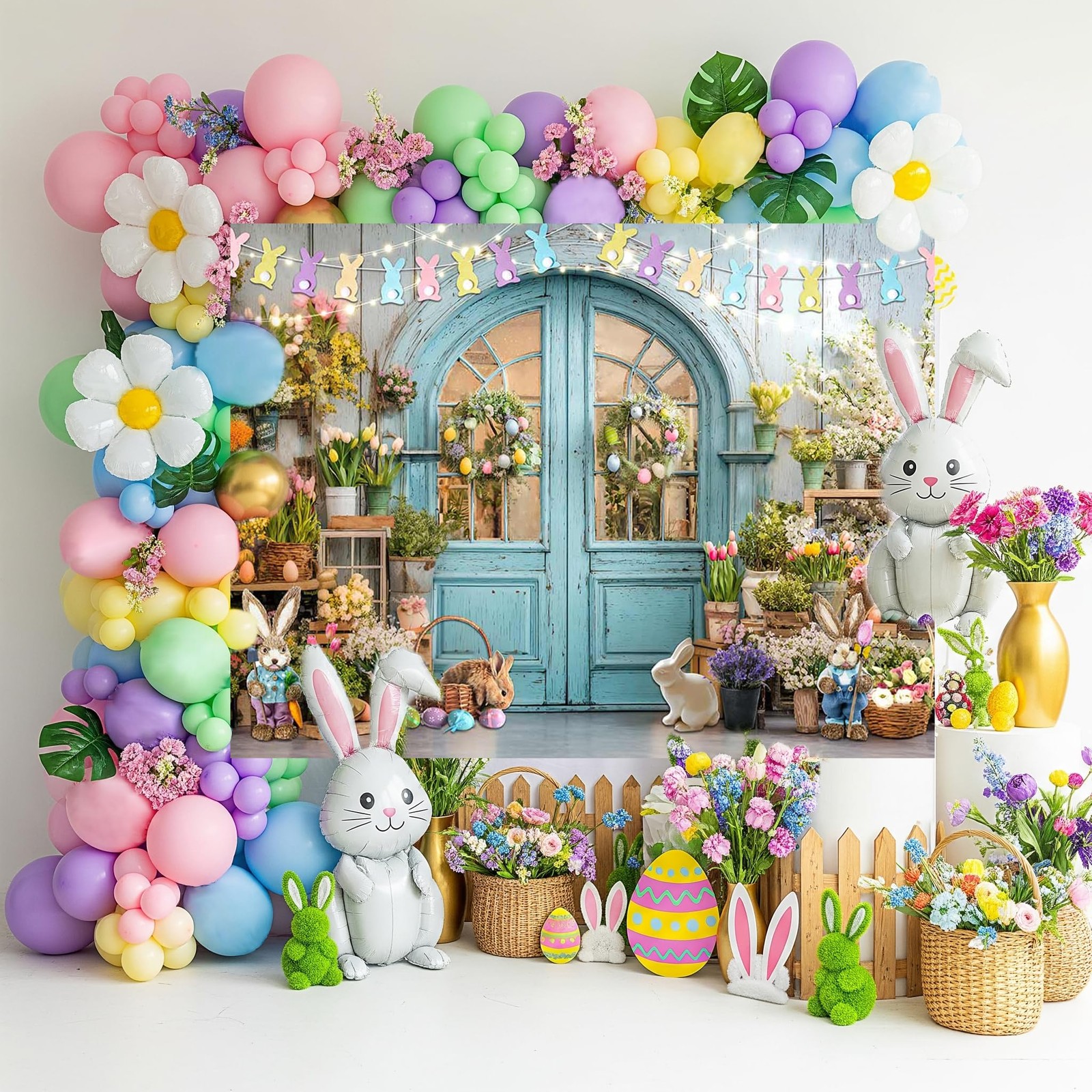 Easter Backdrop Blue Wooden Doors Brick Bunny Rabbit Photo Banner Spring Shop..