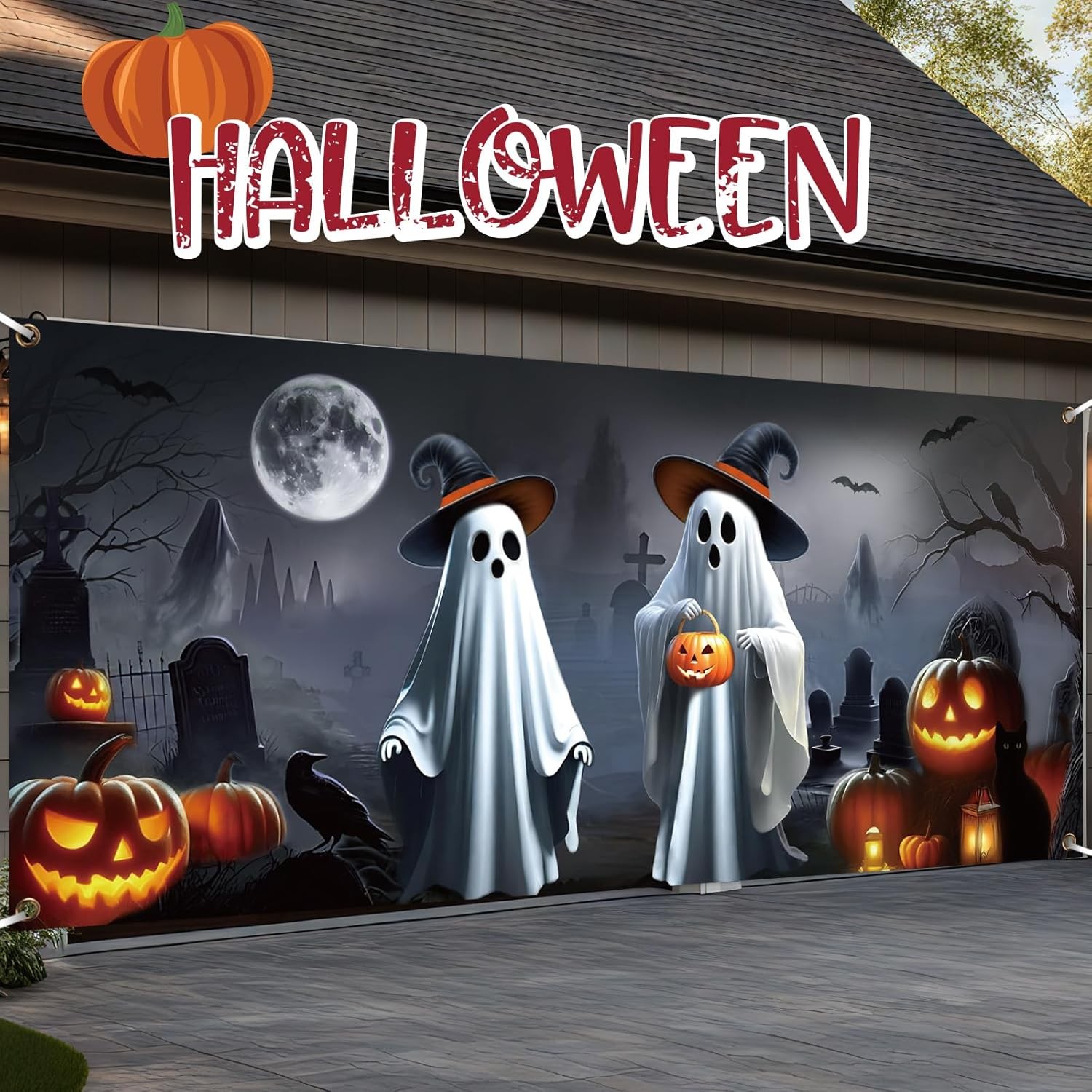 Preboun Halloween Ghost Garage Door 7 x 16 ft, as shown in the picture