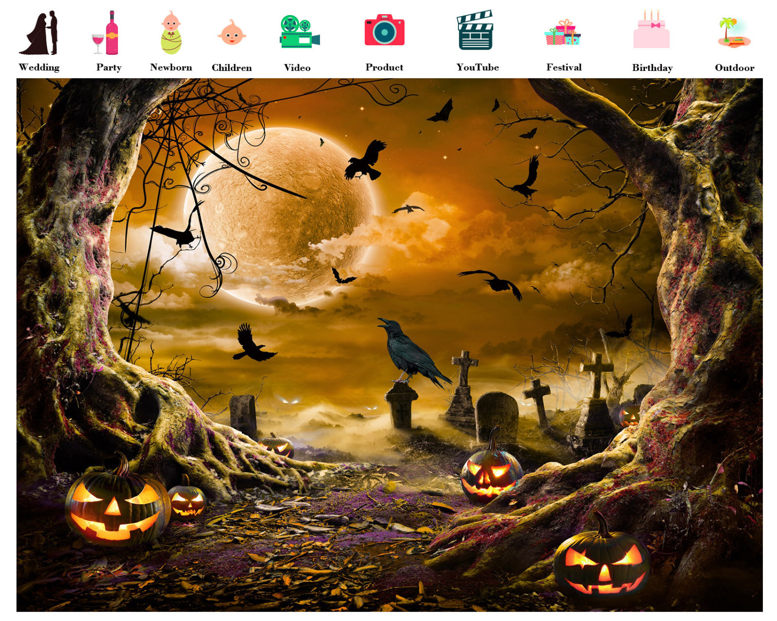 10x8ft Spooky Crow Full Moon Cemetery Halloween Vinyl Backdrop Photo Background