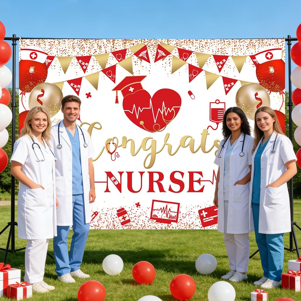 7x5ft Congrats Nurse Backdrop Red Gold Nurse Graduation Photography Background C