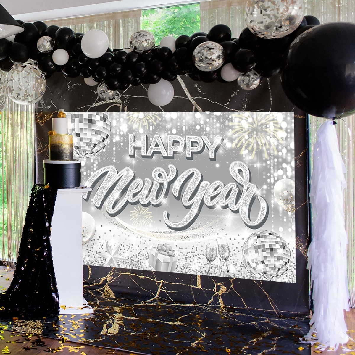 Happy New Year Backdrop-New Years Eve Party 5.9 feet x 3.6 feet, Silvery