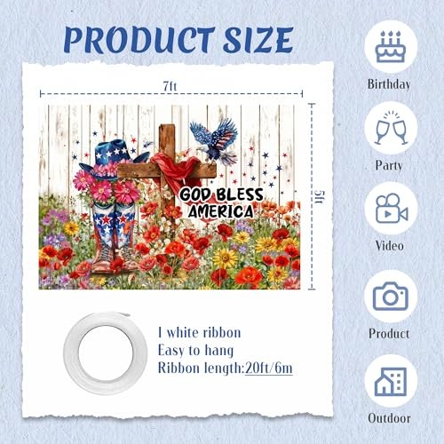 God Bless America Backdrop for 4th of July Decorations 7x5ft Western Boots