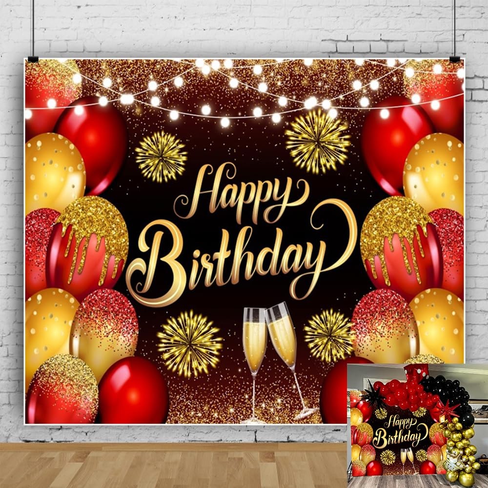 Red Gold Happy Birthday Backdrop 10x8ft Photography Background Women Party
