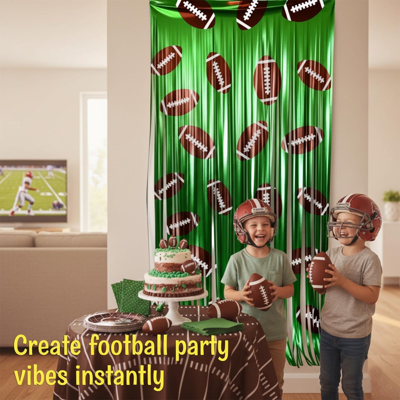 3.3×6.6 Ft Brown Green Football Foil Fringe Curtain Backdrop Sports Decor 2 PCS