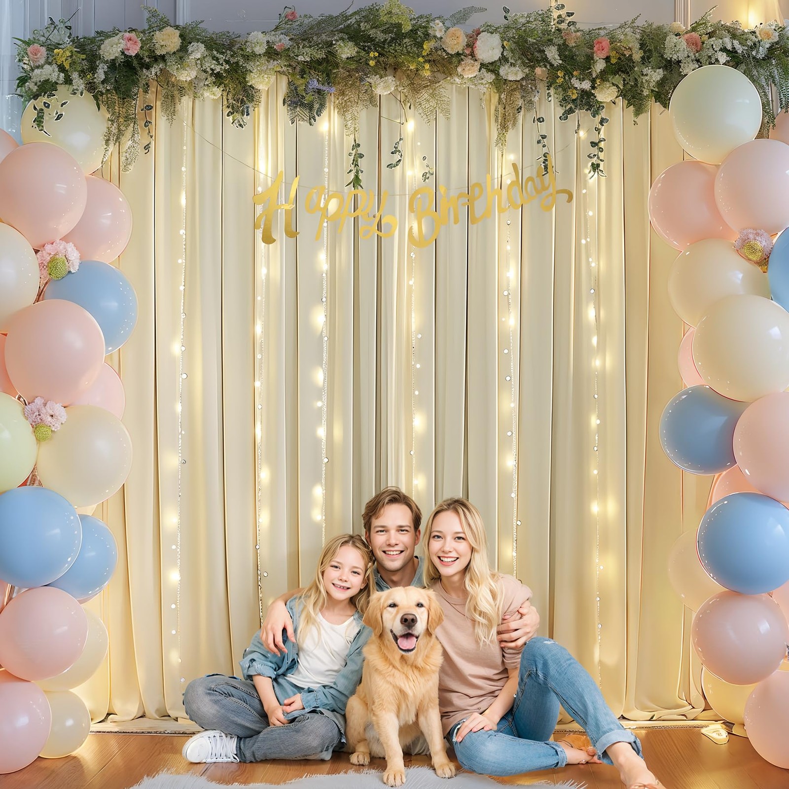 10x10FT Beige Backdrop Curtains Lights String Wrinkle Free Polyester Wedding
