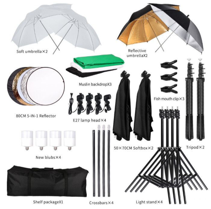 Photography Lighting Kit Including 2x2M Background Muslin Photo Studio Lighting