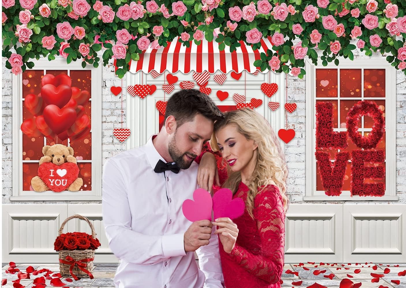 8×6 FT Valentine Day Pink Rose Flower Brick Wall Wedding Backdrop D807