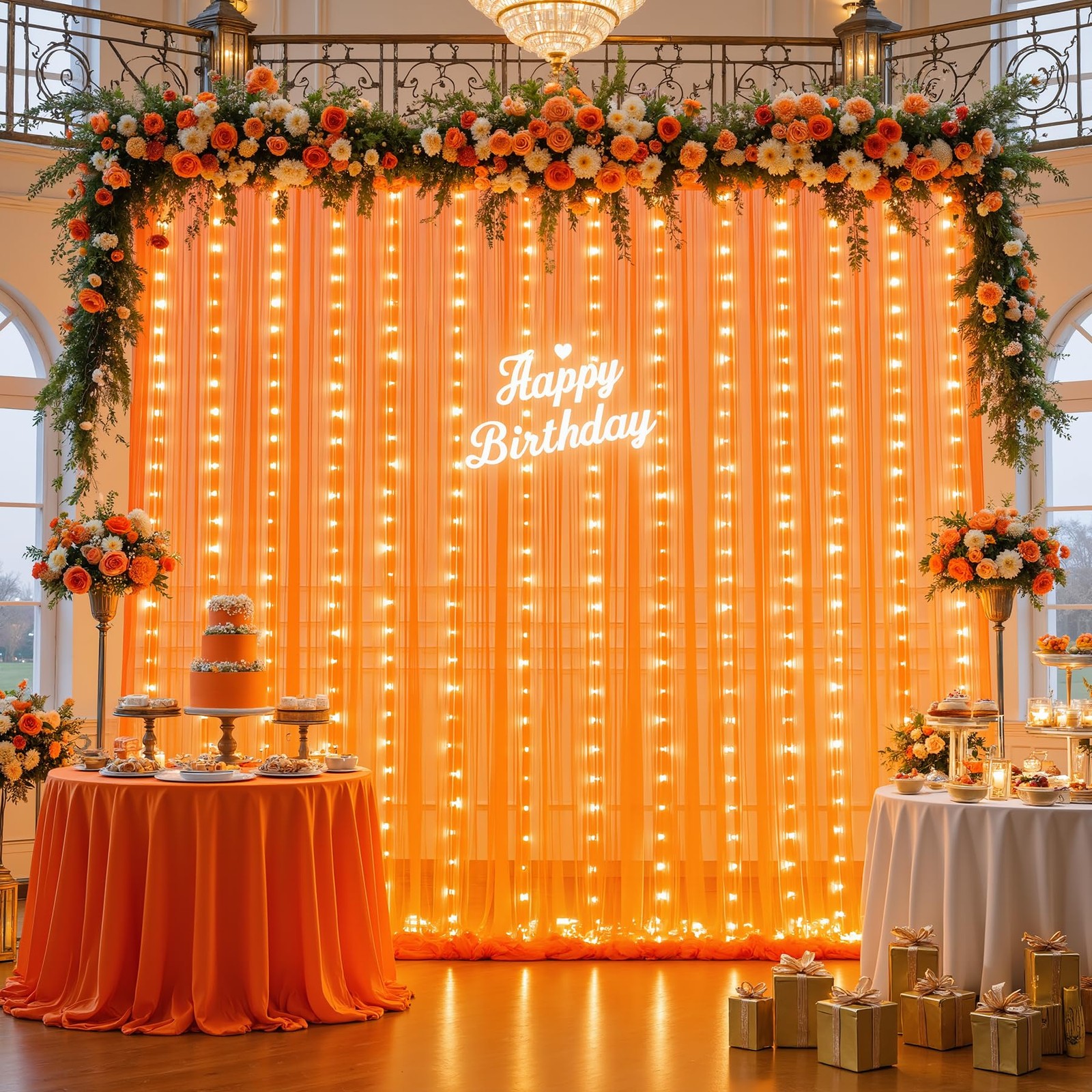 10×10 Ft Orange Tulle Photo Backdrop Curtain String Lights Sheer Decor