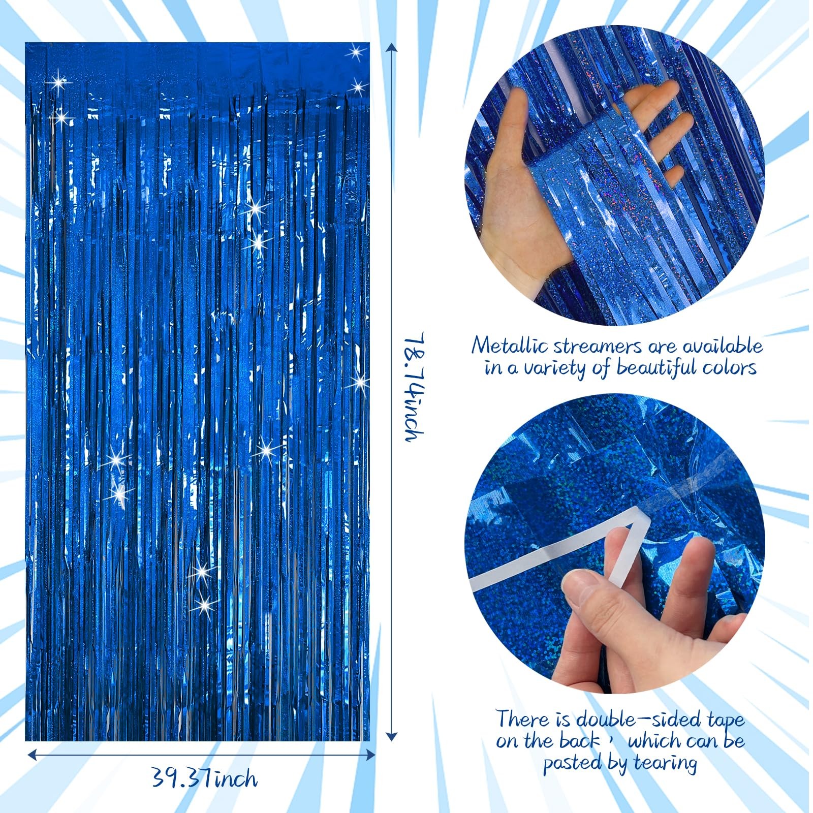 Tinsel Curtain Party Backdrop Blue Birthday Party Decorations 2 Packs Glitter