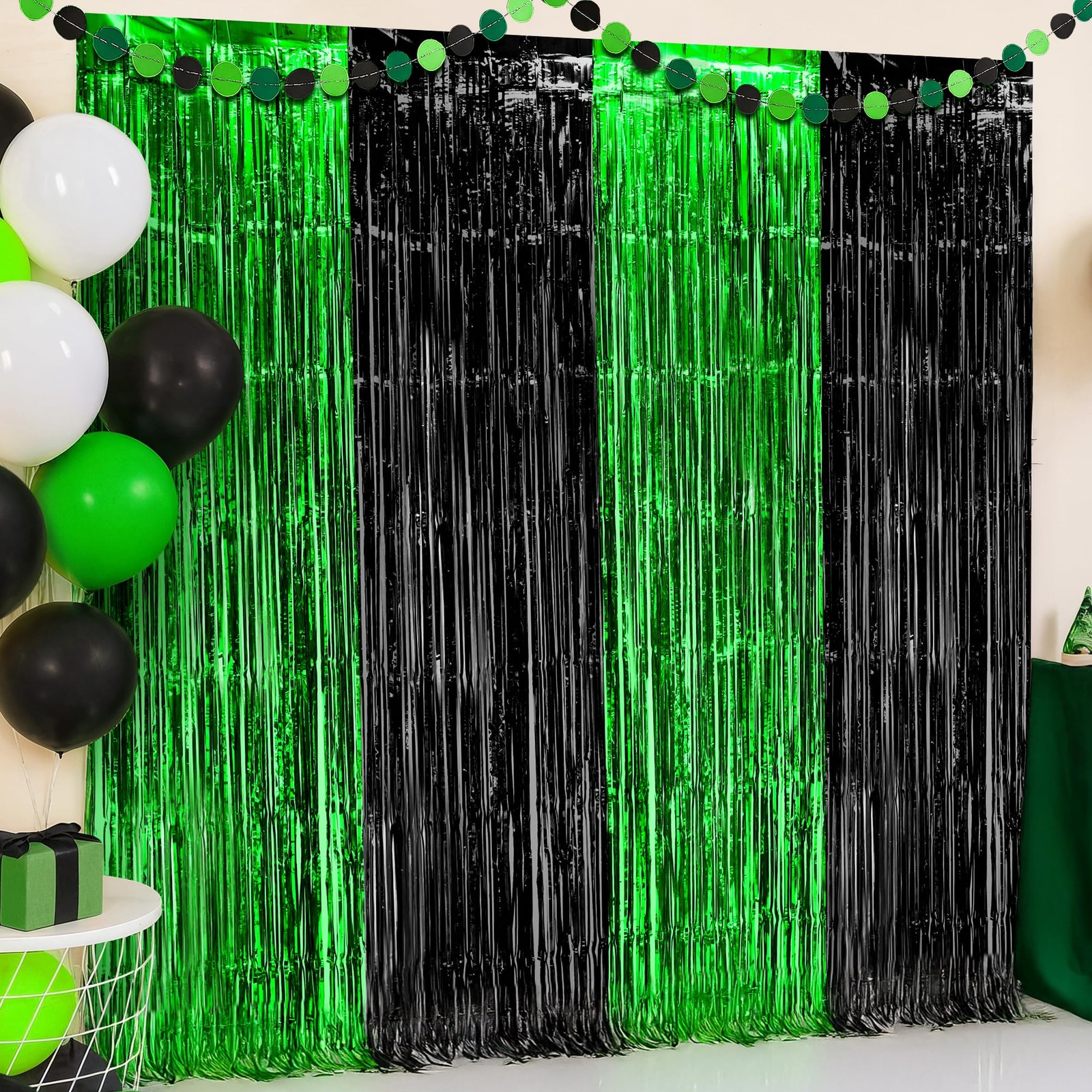 , Green and Black Fringe Backdrop Curtains – Pack of 4 | Black and Green Part…