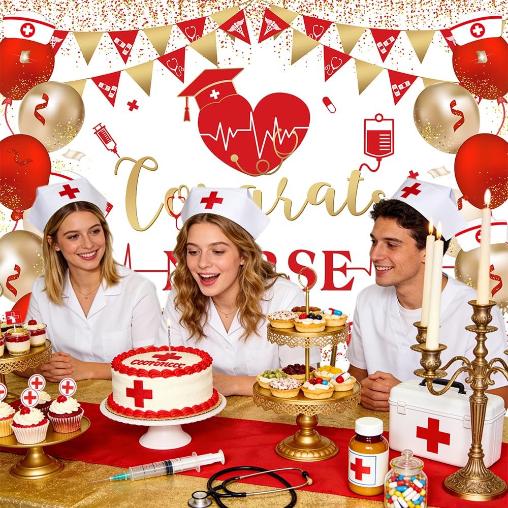 7x5ft Congrats Nurse Backdrop Red Gold Nurse Graduation Photography Background C