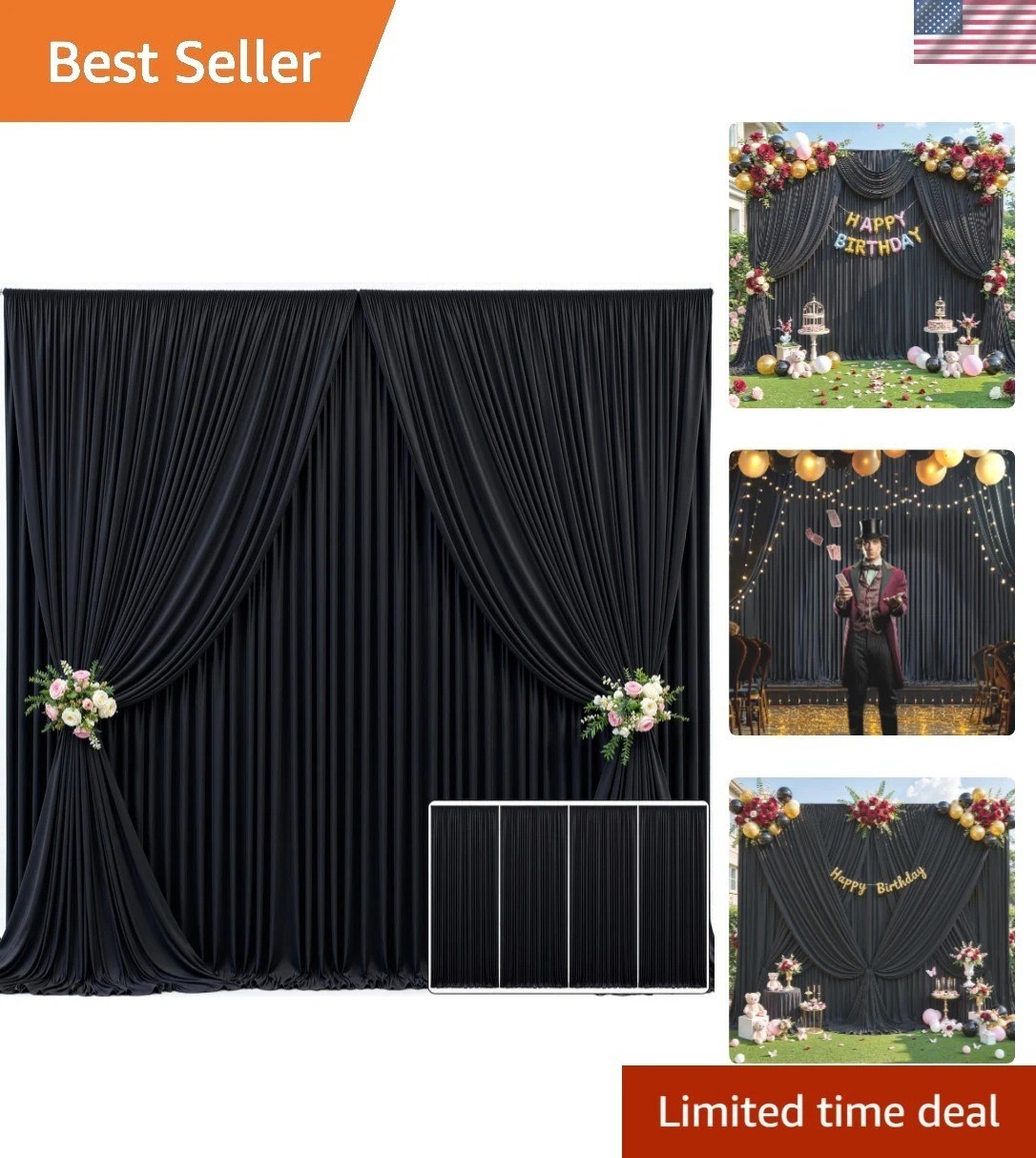 Elegant Black 20ft x 10ft Backdrop for Photography & Parties – 4 Panels Included