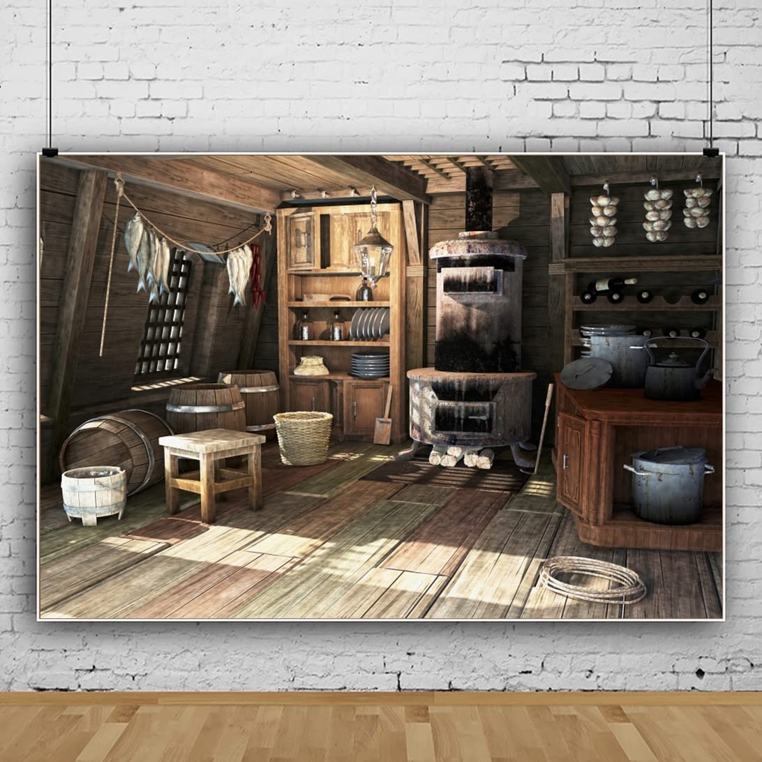 8x6ft Rustic Old Kitchen Backdrop Photography Background Cupboard Wood Floor