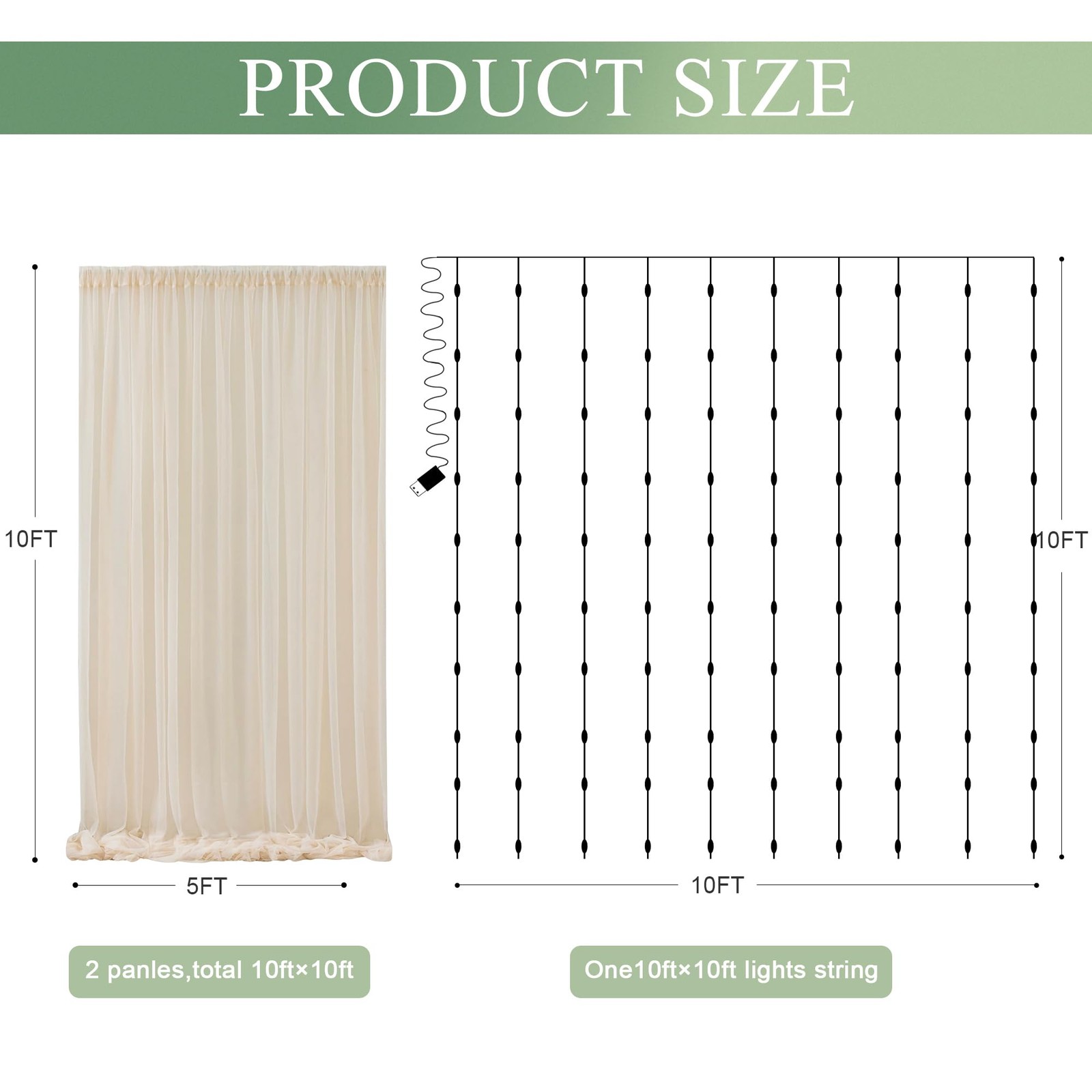 Tulle Backdrop Curtain with Lights String 10FT X 10FT Champagne Sheer Tulle B…