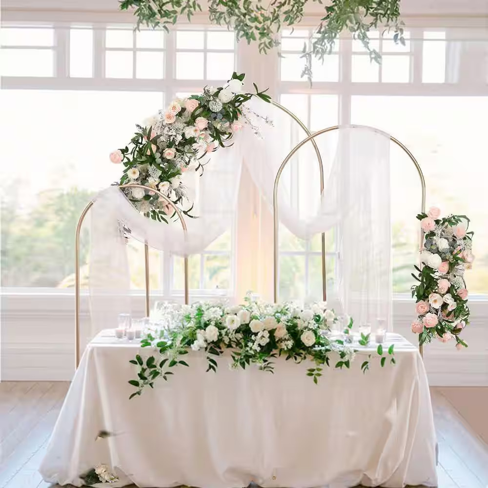 Metal Arch Backdrop Stand Set of 3 Light Gold 6.6 Ft. 5.9 Ft. 4.9 Ft. for Weddin