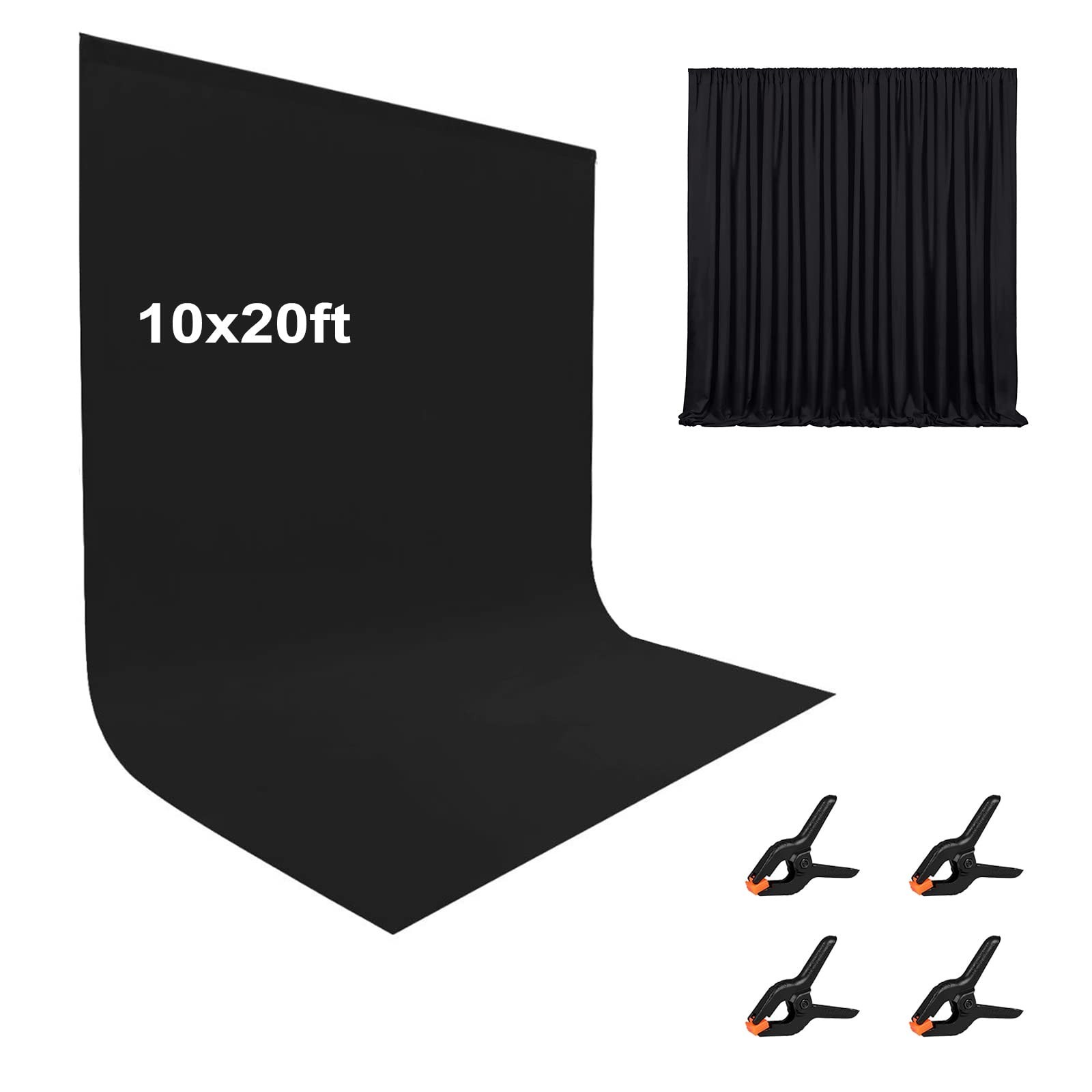 10x20ft Black Photography Backdrop Curtain, Polyester Fabric with 4 Clamps for E
