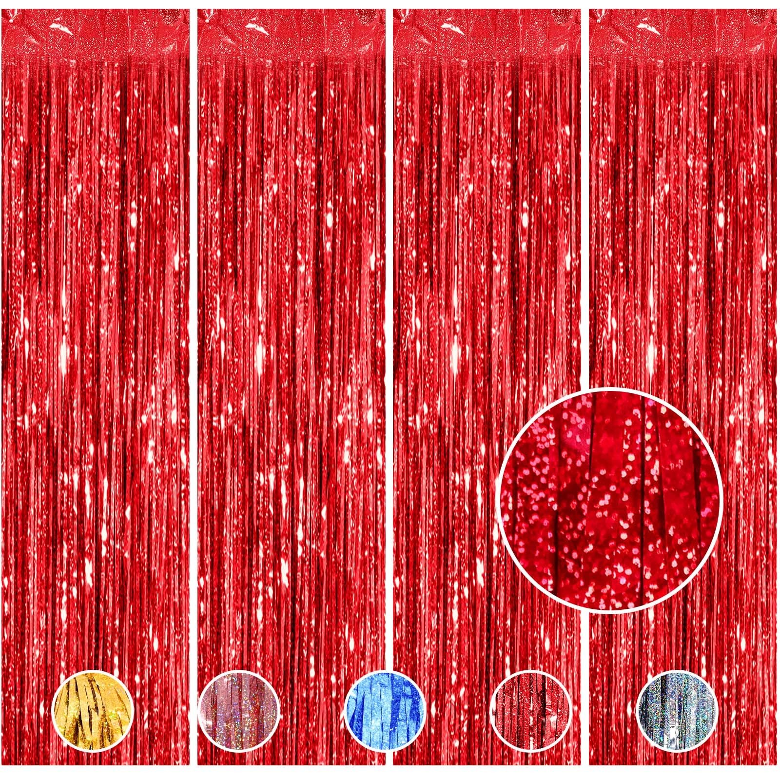 4 PCS Tinsel Foil Fringe Backdrop Curtains Metallic Streamer Red 3.3×8.2 Ft