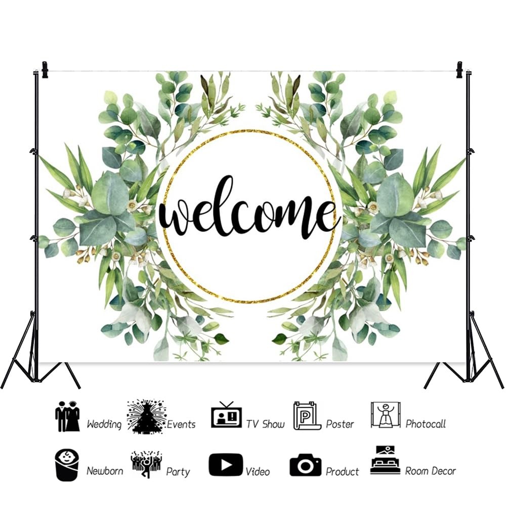 7x5ft Elegant Floral Welcome Backdrop Watercolor Green Leaves Home Party Decor