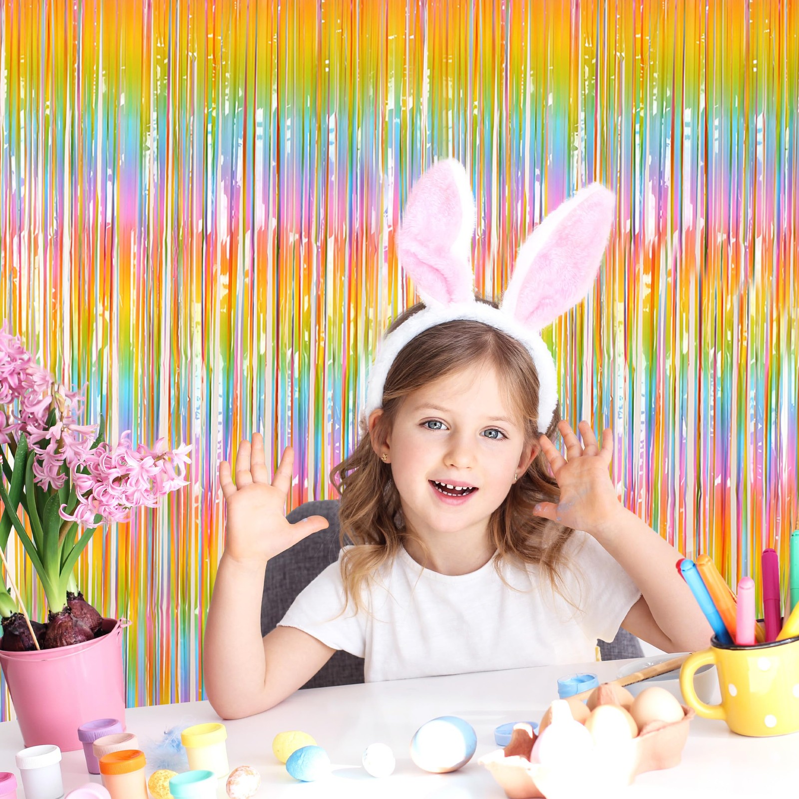 2 PCS 3.2×8.2 Ft Macaron Rainbow Foil Fringe Curtains Easter Backdrop