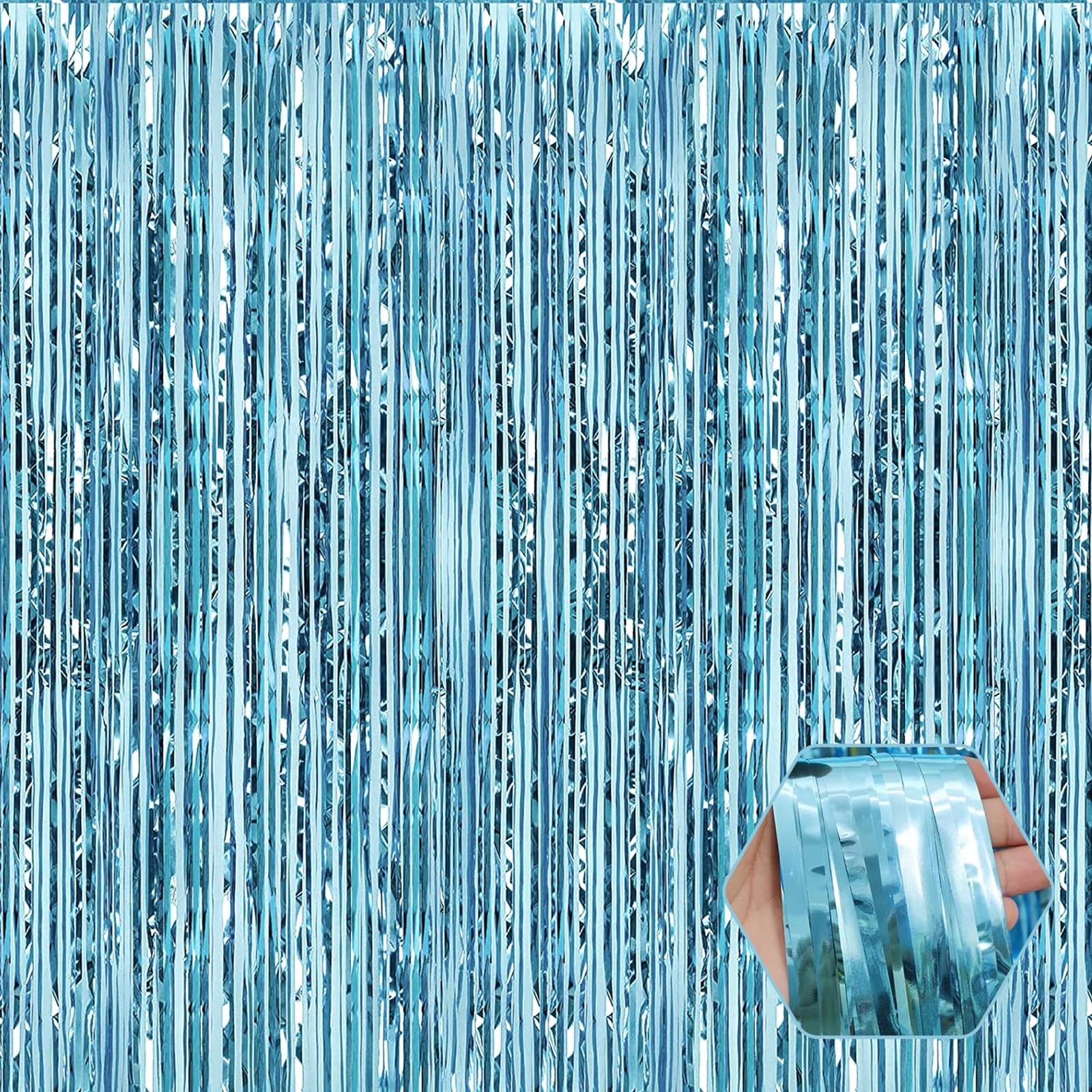 6 PCS 3.28×6.6 Ft Light Blue Foil Fringe Curtain Backdrop Metallic Streamers