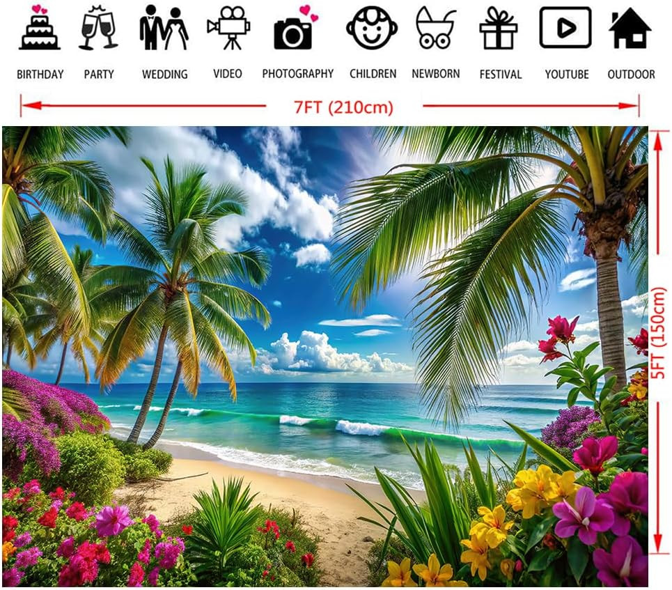 7X5Ft Summer Hawaiian Beach Photography Backdrop Tropical Flower Palm Leaves Bac