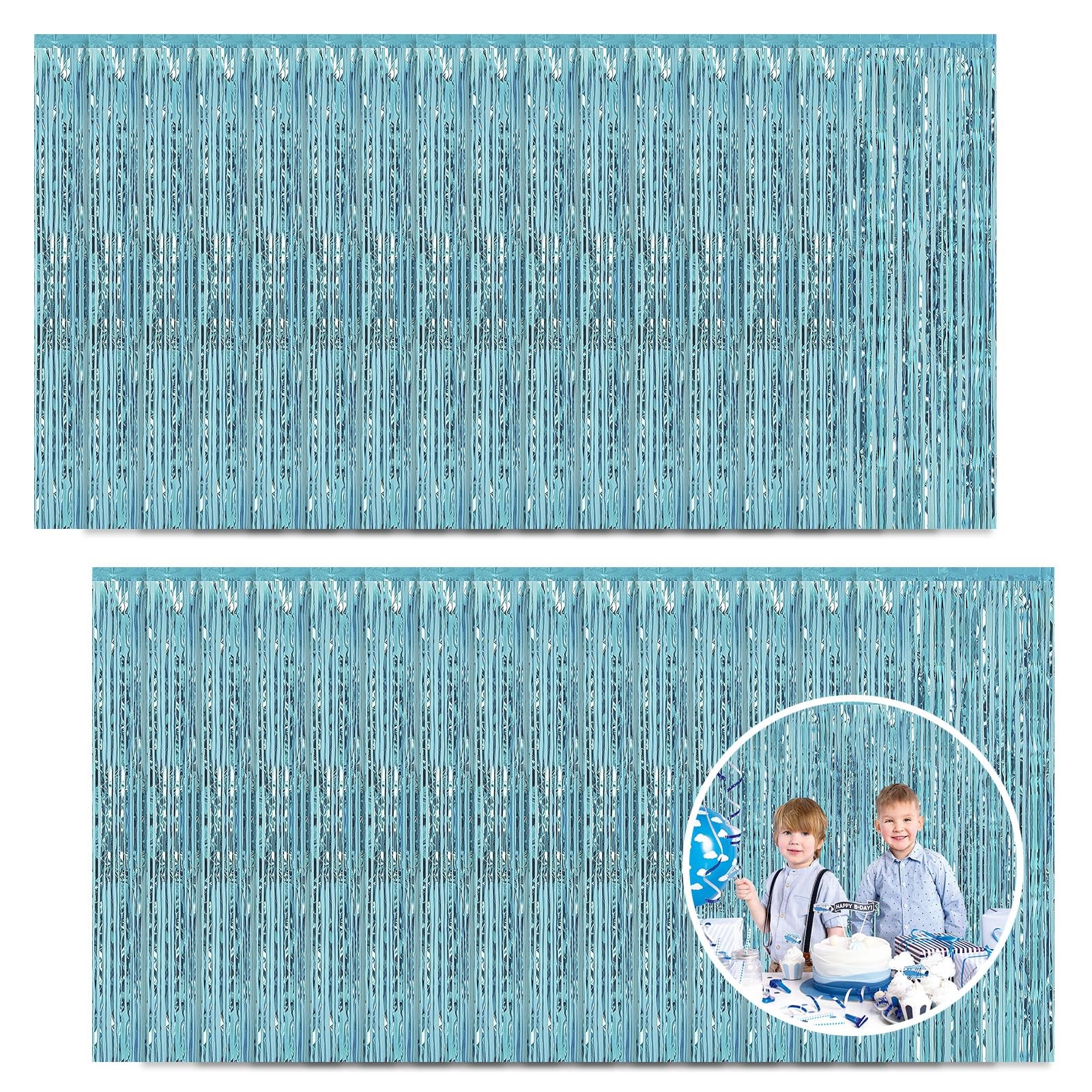 30 PCS 3.3×8.2 FT Light Blue Foil Fringe Curtain Backdrop Tinsel Streamer Prop
