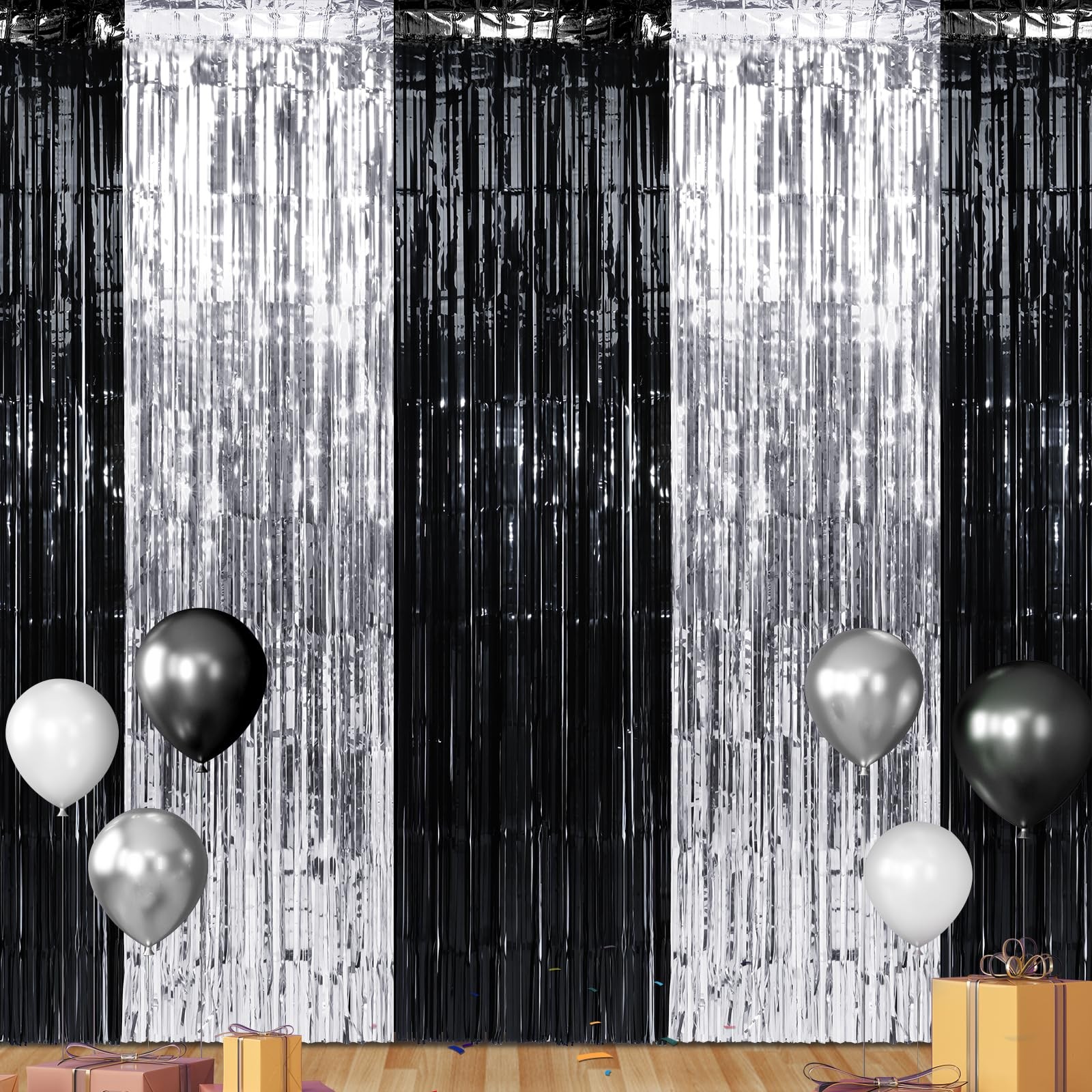 Black Silver Metallic Foil Fringe Tinsel Curtain Backdrop 3.3×6.6 Ft 3 PCS Set