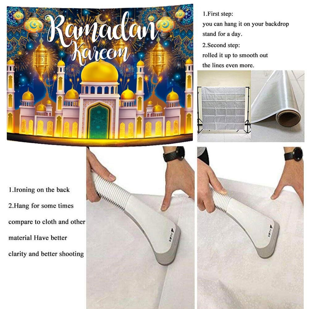 Ramadan Kareem Backdrop 7x5FT（210x150cm）, Multicolor (Blue, Gold, Yellow)