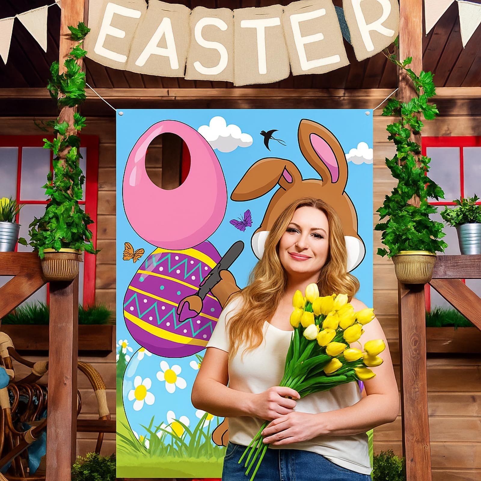 Easter Bunny Photo Door Banner, Large Fabric, Happy Easter Photo Props, Egg B…