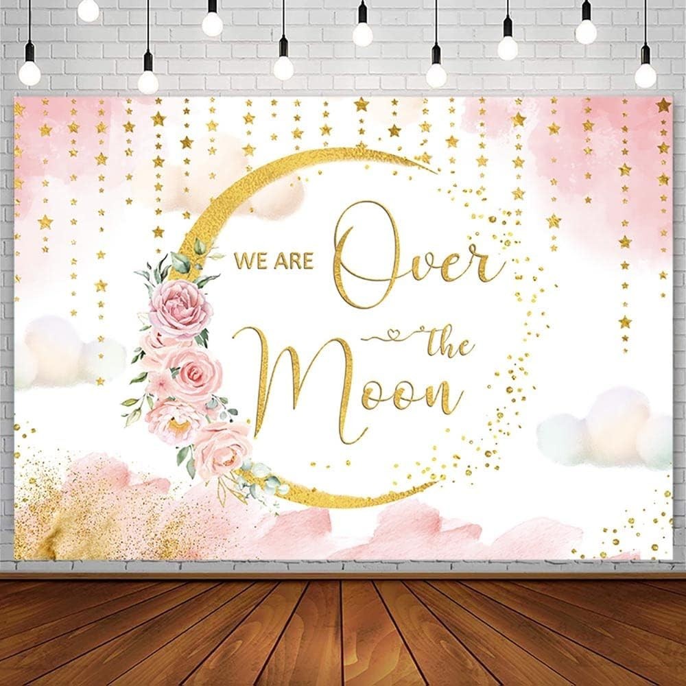 7x5ft Moon & Stars Blush Pink Watercolor Floral Celestial Baby Shower Backdrop