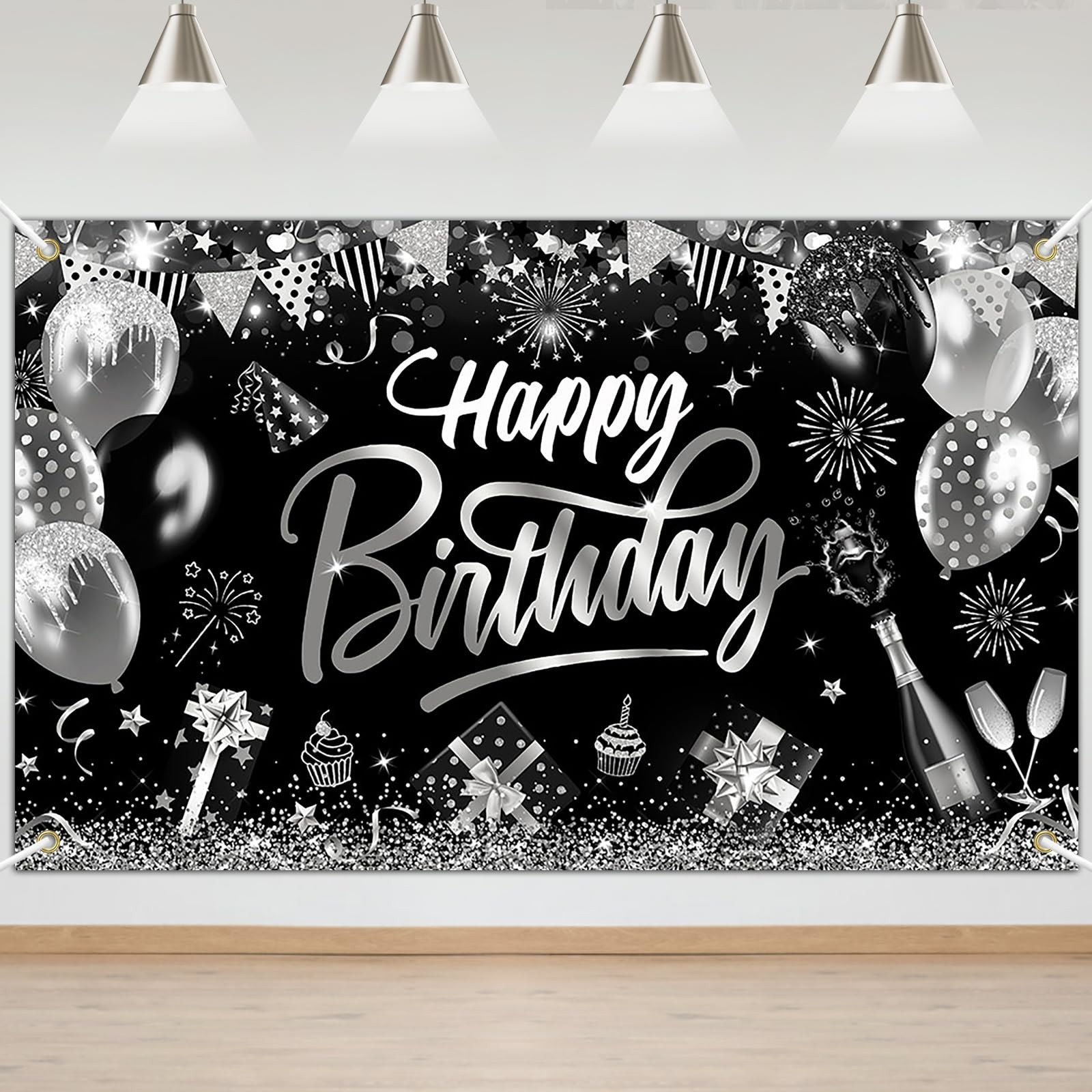 Black Silver Birthday Banner Birthday Decorations for Men Boys Silver Glitter…