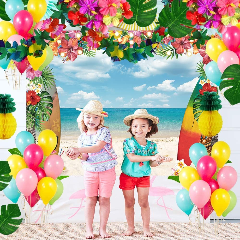 7x5FT Summer Hawaiian Beach Backdrop Sky Ocean Tropical Palm Flower Surfboard