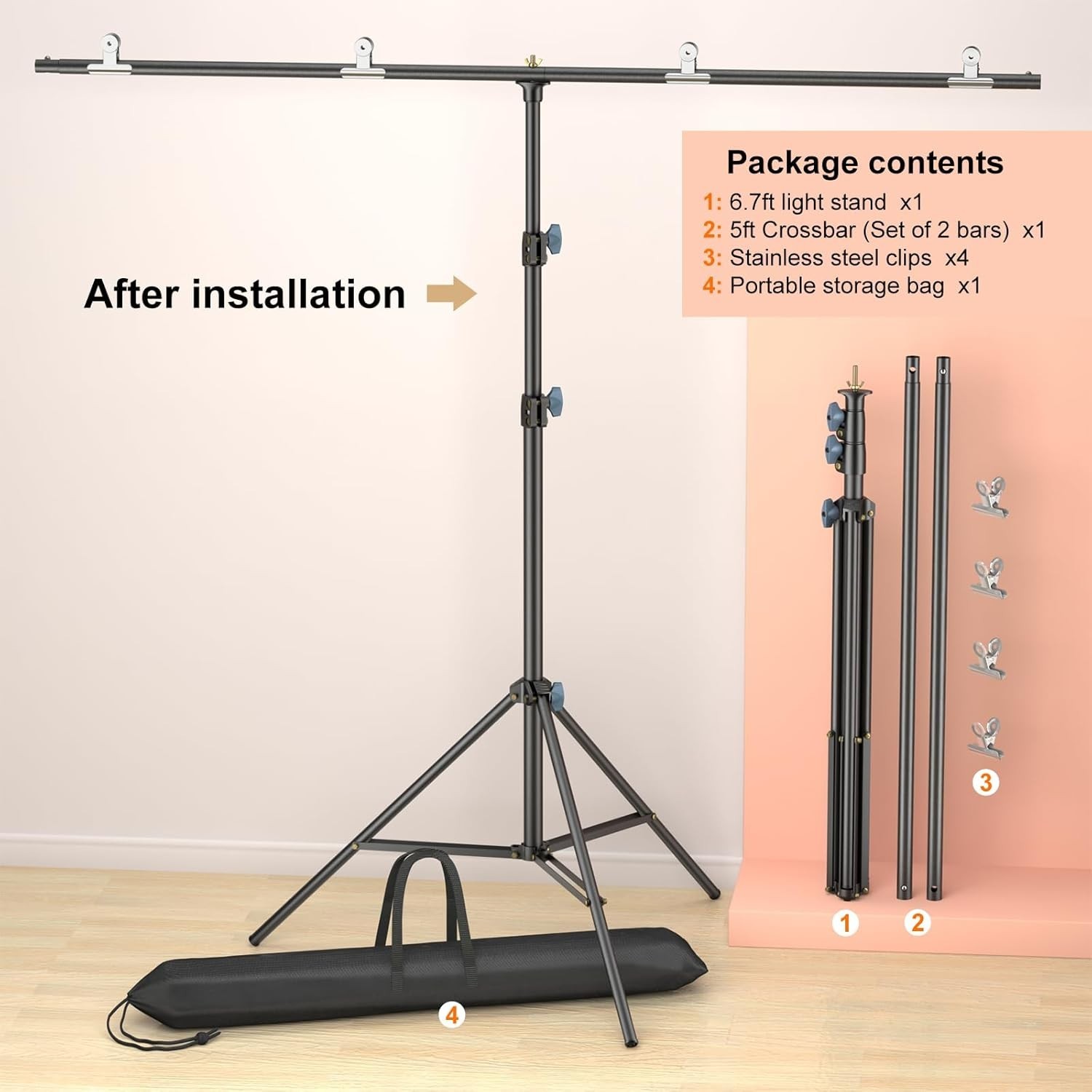 Zenith Portable T-Shape Backdrop Stand Kit – 5×6.7ft Adjustable & Lightweight