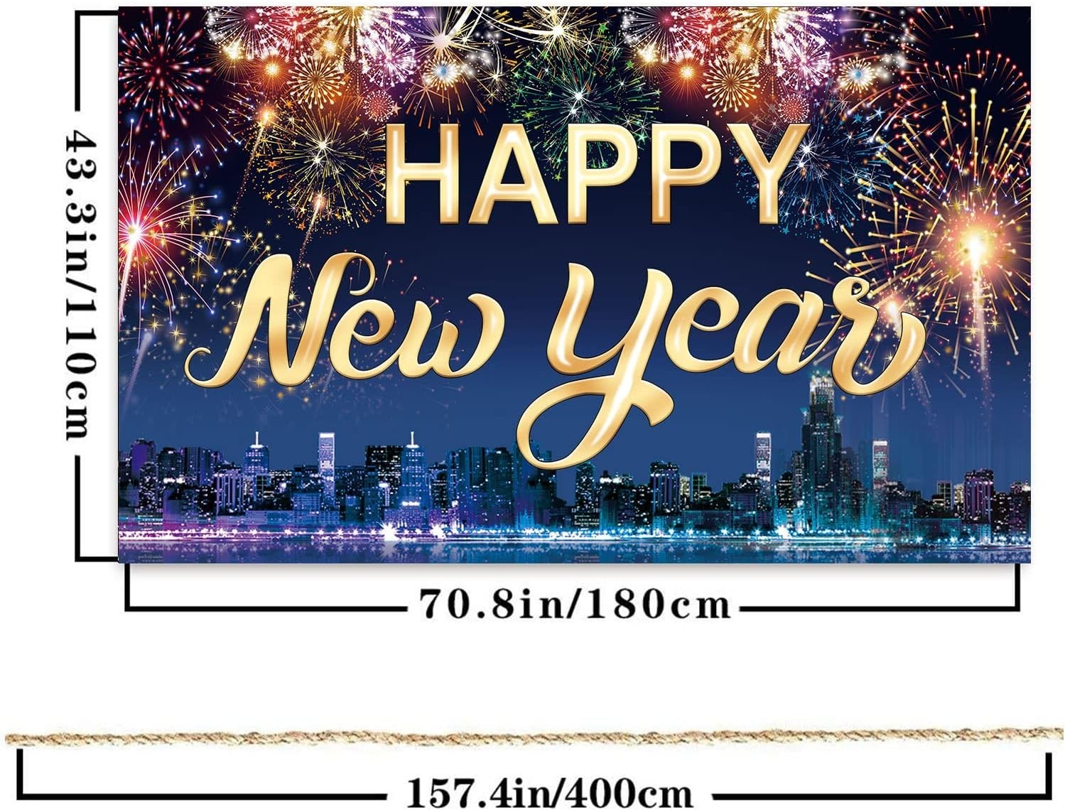 Famoby Happy New Year Fabric Sign Poster Banner Backdrop with Fireworks Large