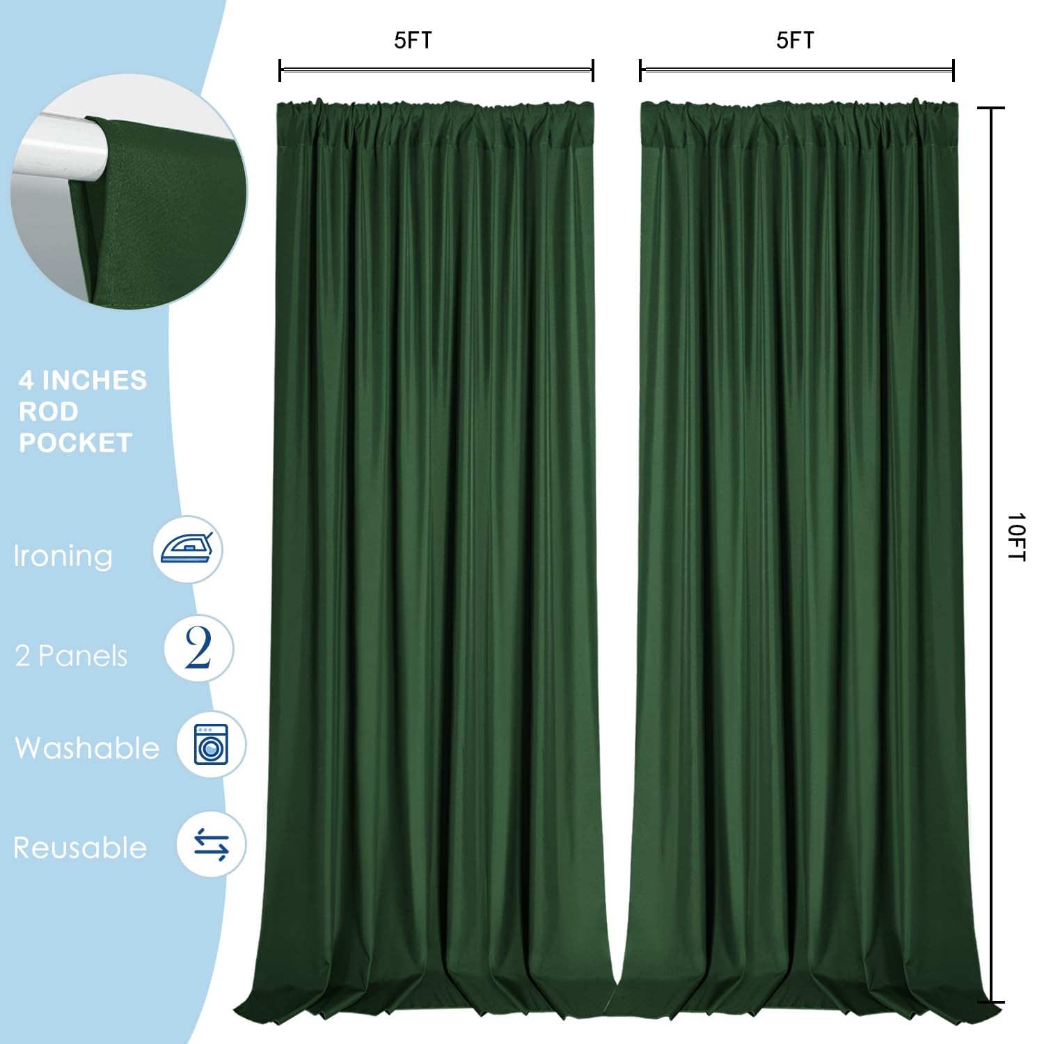 Green Backdrop Curtains 10×10 Ft Polyester Photo Drapes Rod Pocket 2 Panels