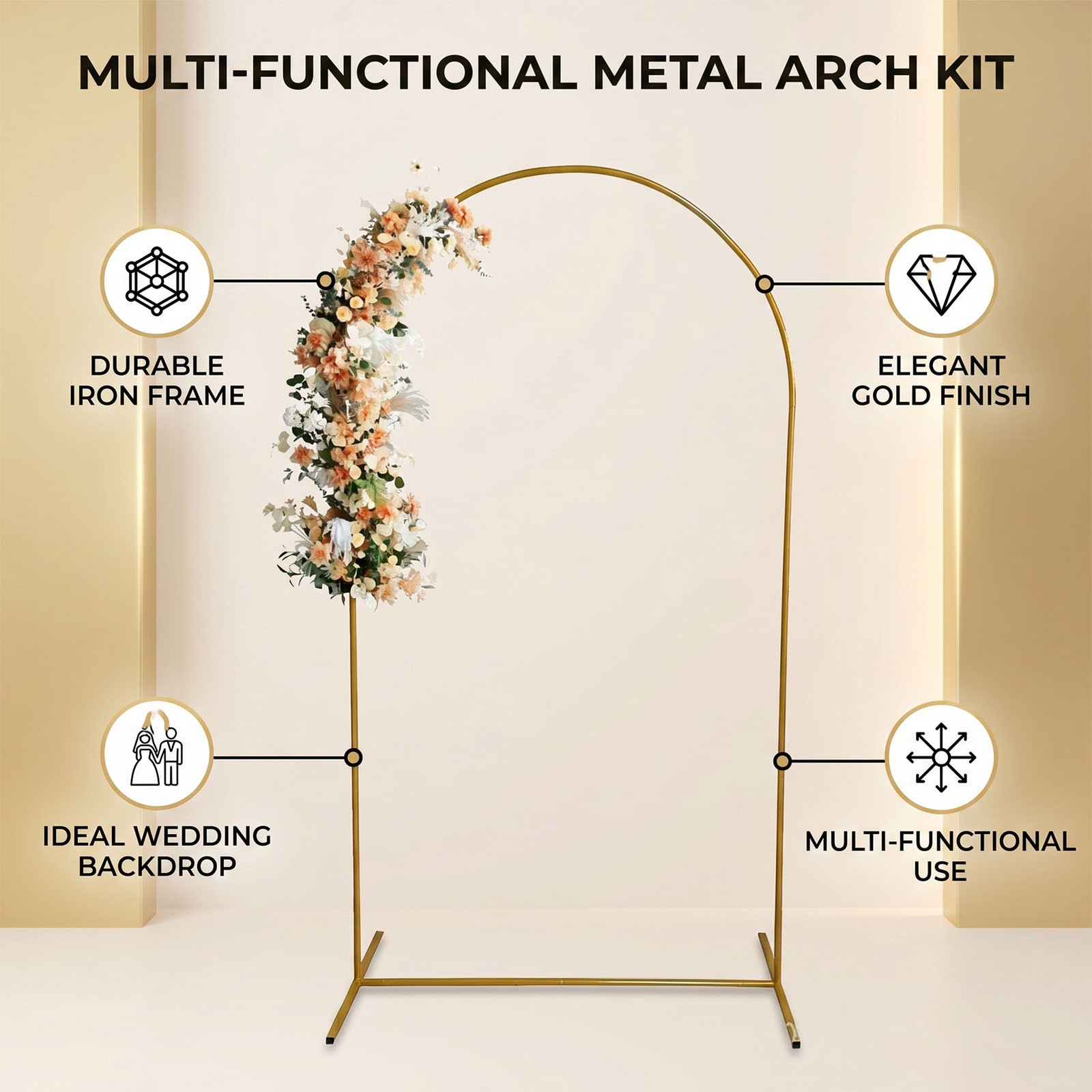Gold Iron Arch Frame For Weddings & Parties Durable Metal Support (0.65*1.5m)