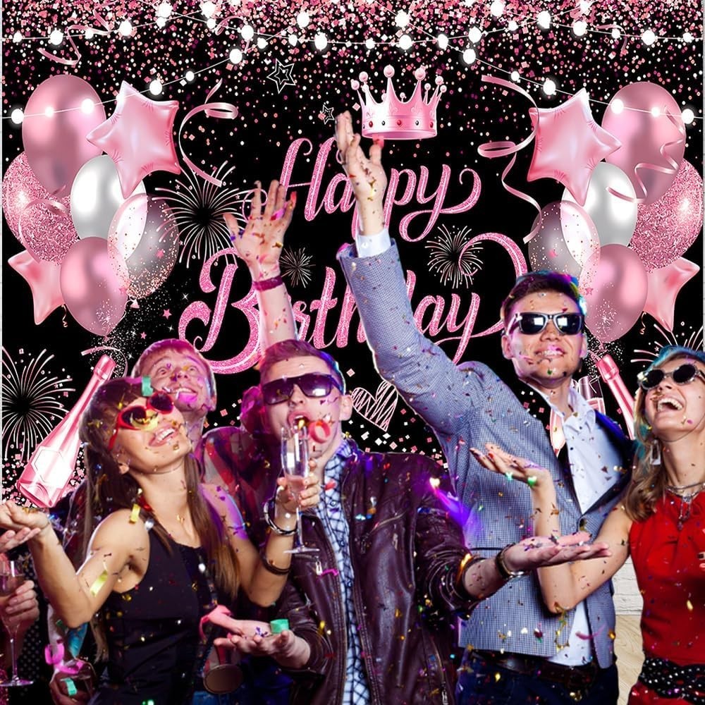 7X5Ft Pink and Black Happy Birthday Backdrop Women Birthday Party Photography